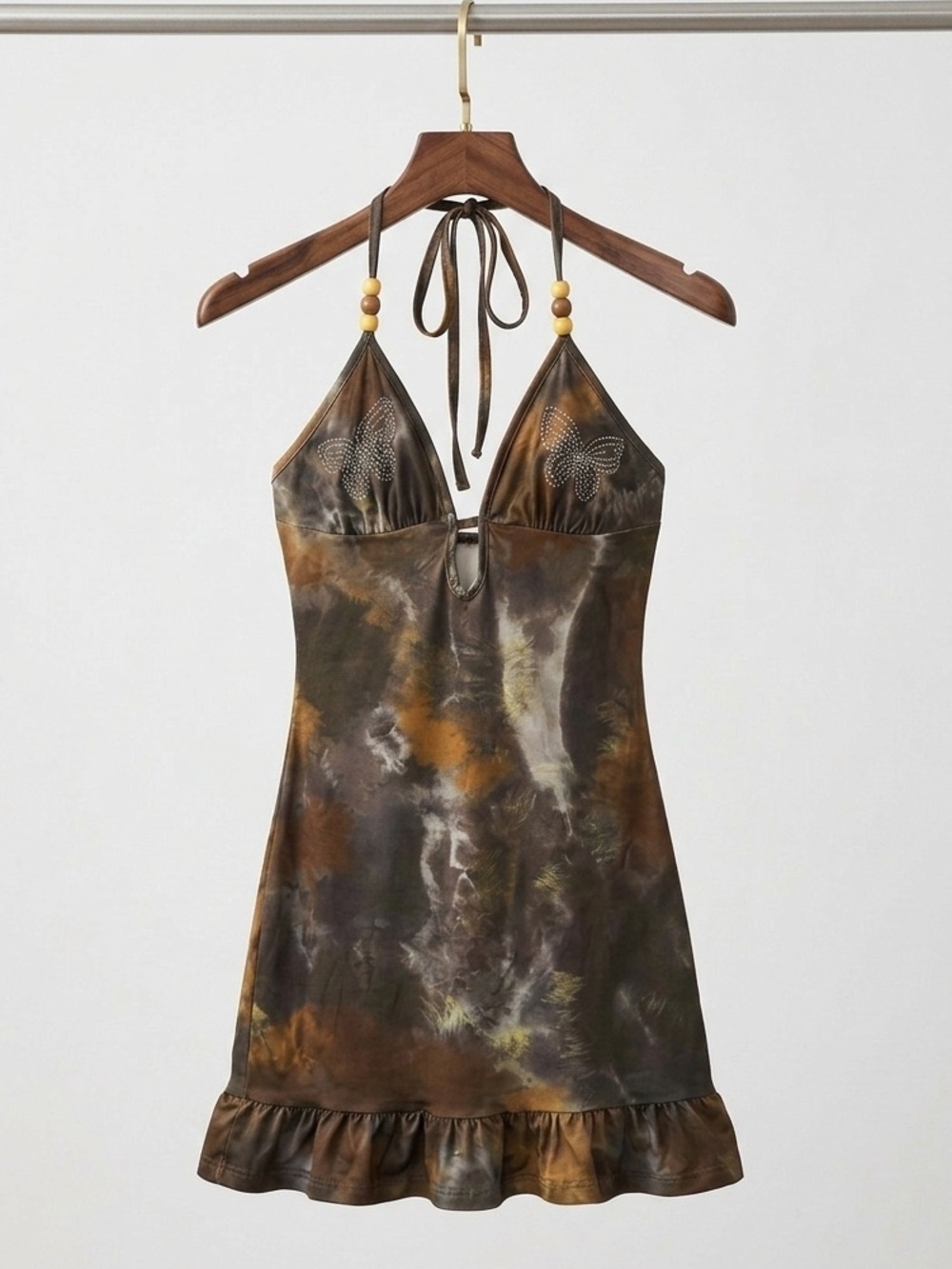 Fairycore Butterfly Rhinestone Halter Dress Earthy Tie Dye Mini (S/P)
